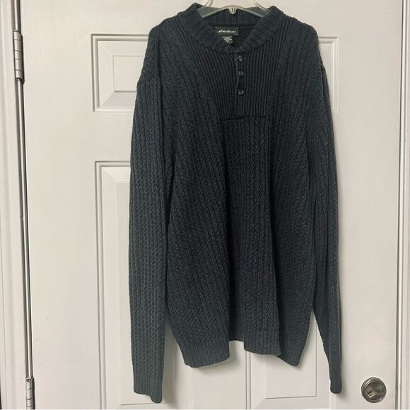 Vtg 80s 90s Eddie Bauer Grandpa Gray 1/4 Button 100% Cotton Oversize Sweater XLT - Picture 1 of 10